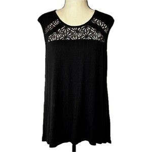 For Cynthia Black Sleeveless Scoop Neck Top With See Through‎ Lace Panel Size M